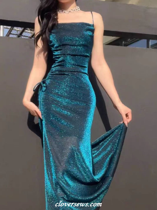 Turquoise Shiny Jersey Spaghetti Strap Sheath Side Slit Evening Dresses, CP1195