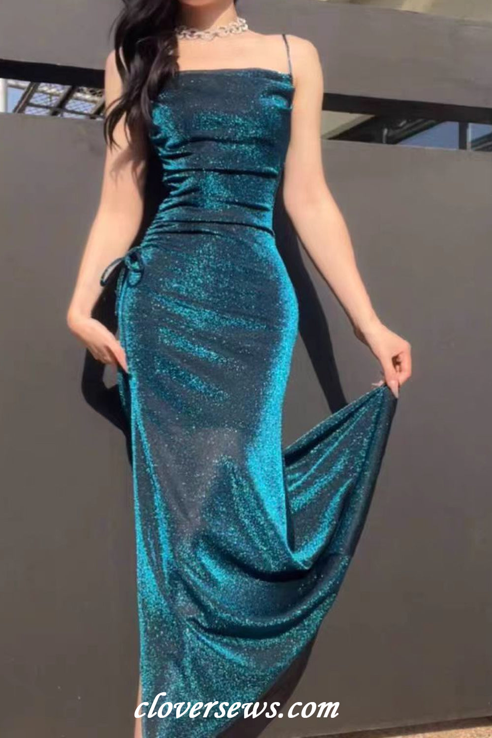 Turquoise Shiny Jersey Spaghetti Strap Sheath Side Slit Evening Dresses, CP1195