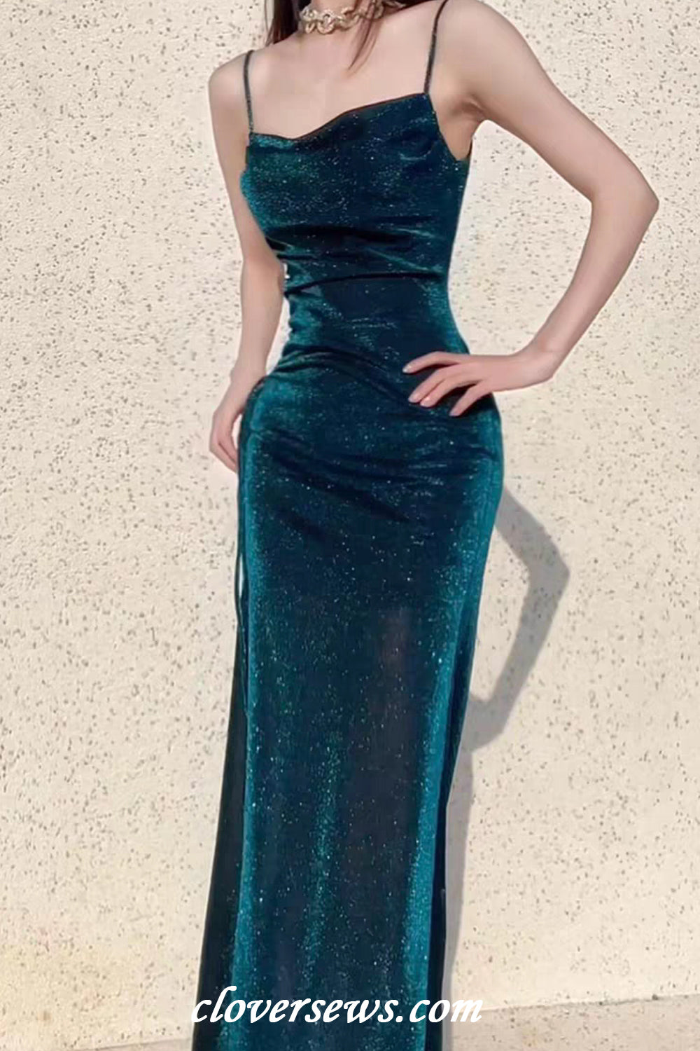 Turquoise Shiny Jersey Spaghetti Strap Sheath Side Slit Evening Dresses, CP1195