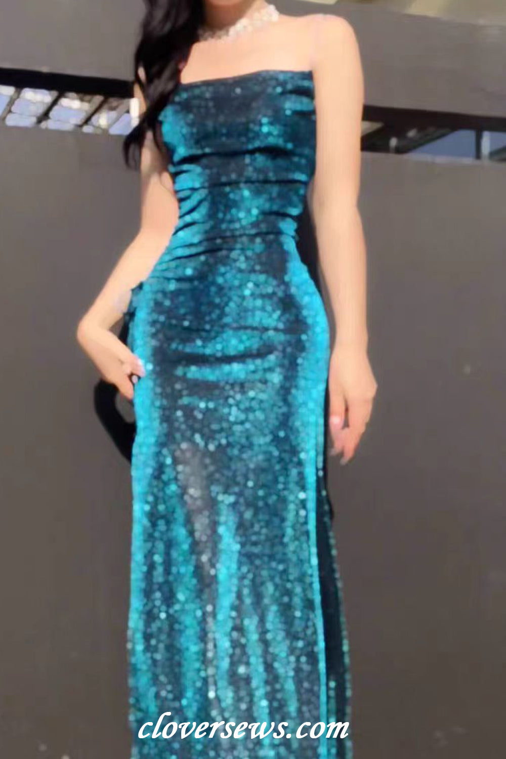 Turquoise Shiny Jersey Spaghetti Strap Sheath Side Slit Evening Dresses, CP1195