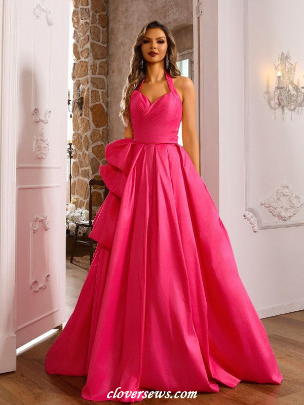 Watermelon Red Satin Bubble A-line With Slit Halter Prom Dresses, CP1180