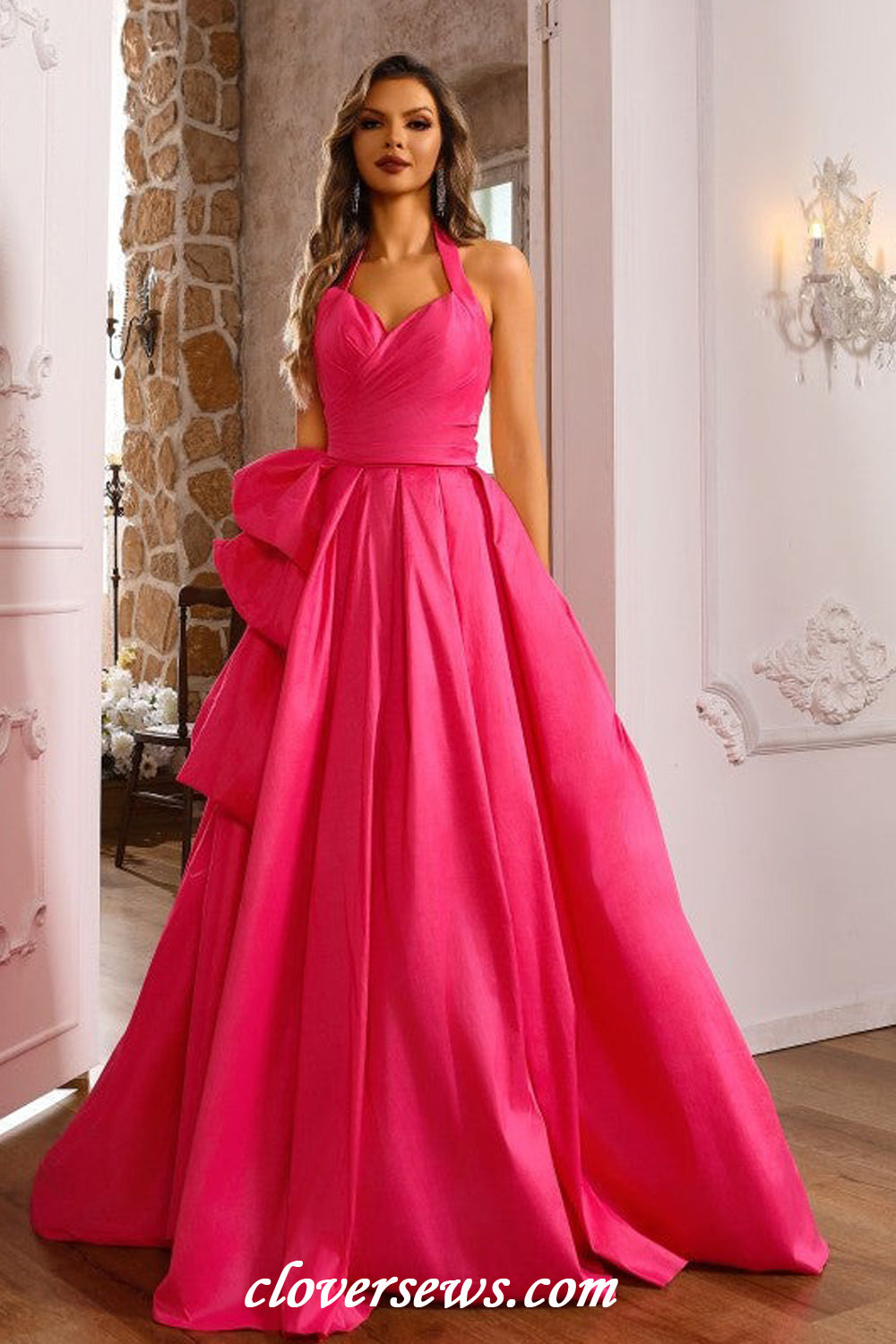 Watermelon Red Satin Bubble A-line With Slit Halter Prom Dresses, CP1180