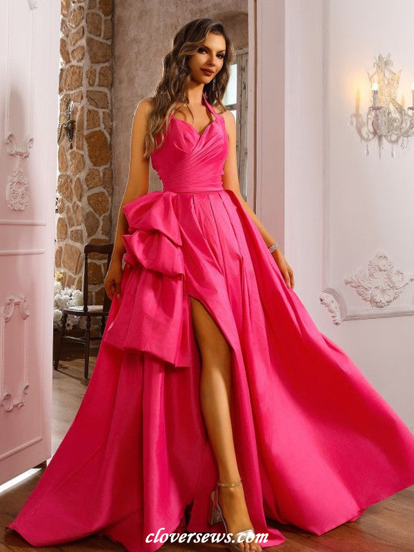 Watermelon Red Satin Bubble A-line With Slit Halter Prom Dresses, CP1180