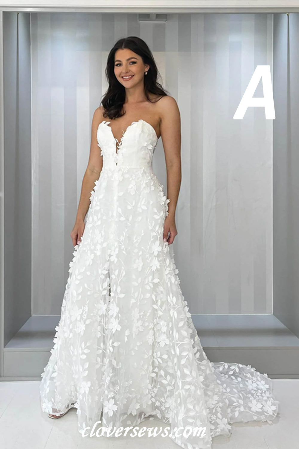 Mismatched White 3D Leafy Lace A-line Wedding Dresses, CW0403