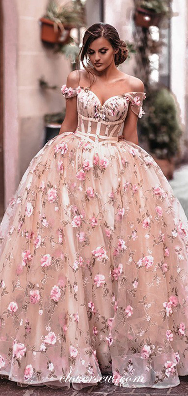 3D Floral Lace Ball Gown Wedding Dress With Off The Shoulder