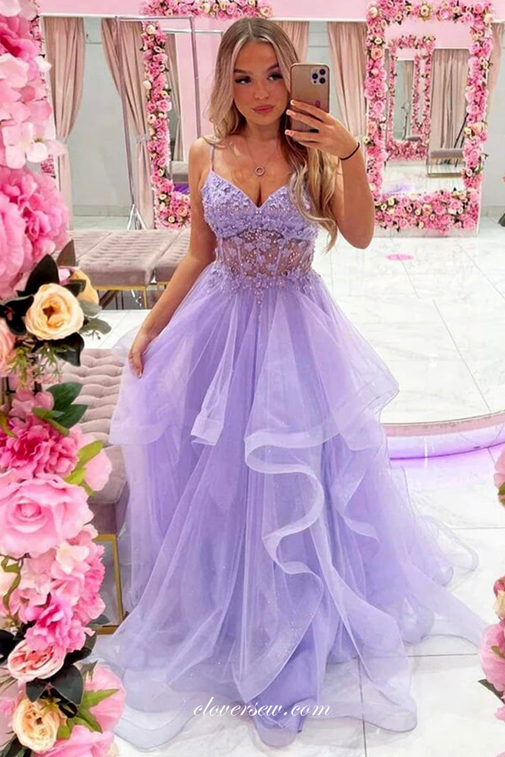 Beaded Lace Lilac Tulle Ruffles A-line Fashion Prom Dresses, CP0962 ...