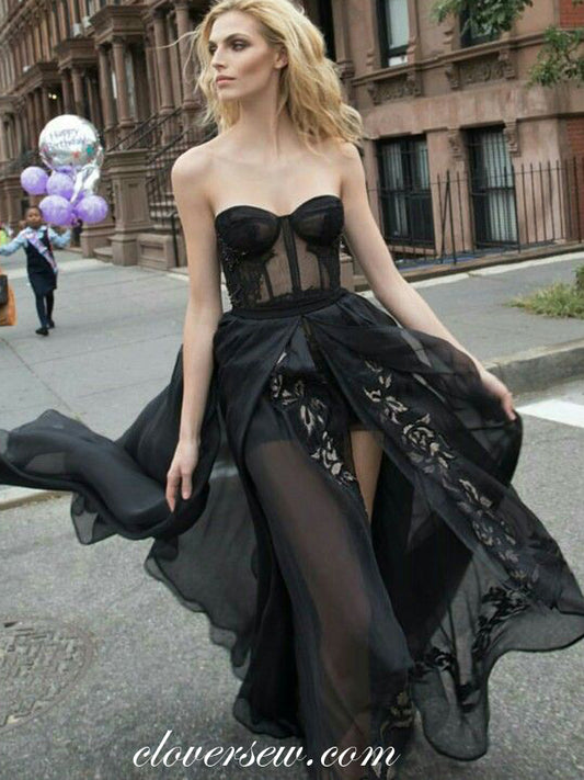 Black Applique Sweetheart Strapless See Through A-line Fashion Dresses, CP0511