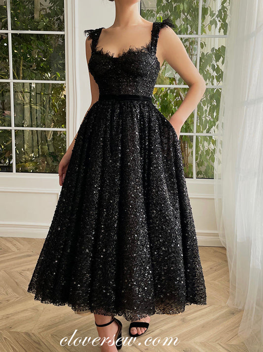 Black Beaded Sequin Lace Sleeveless A-line Ankle Length Prom Dresses,CP0924