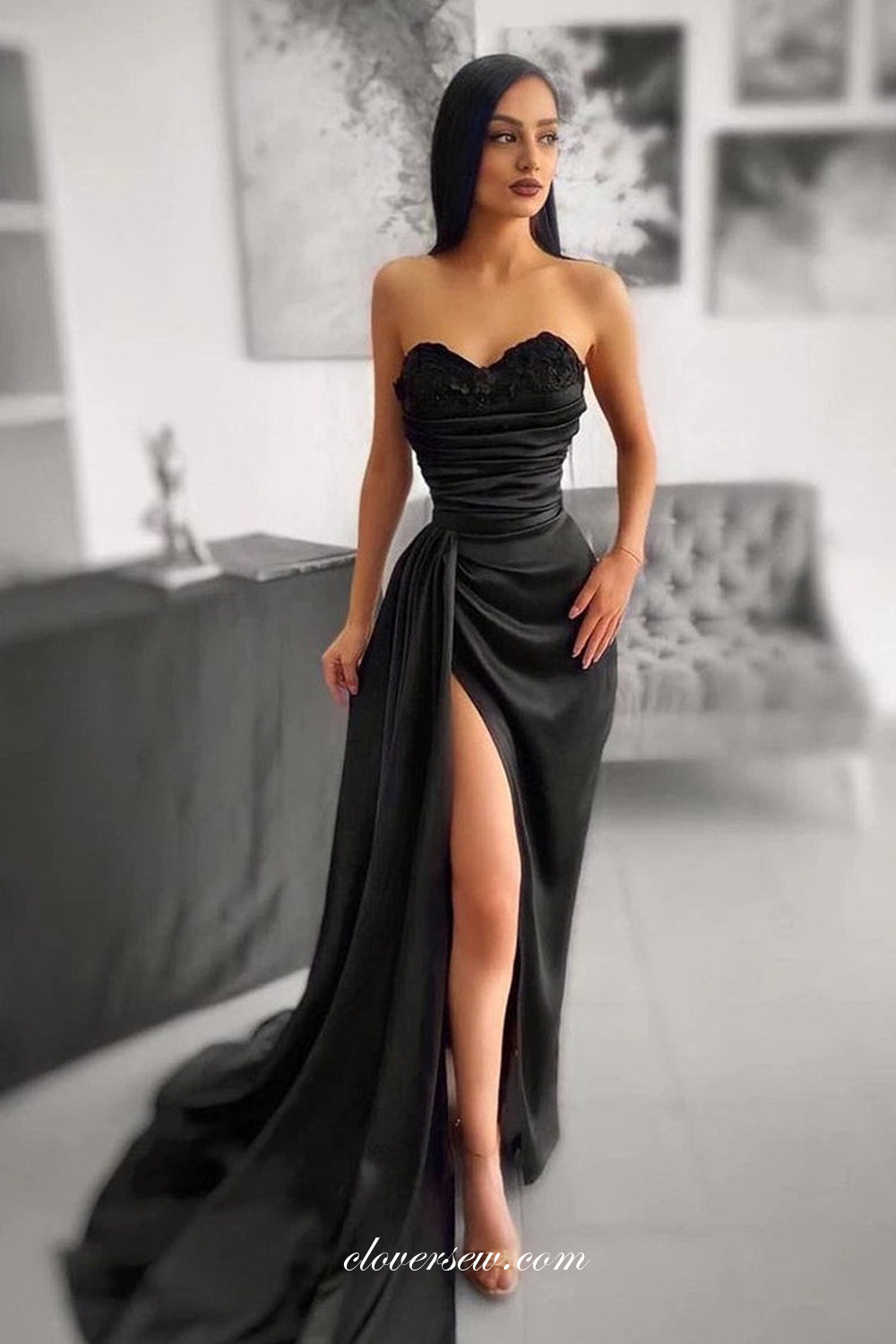 Black Satin Lace Strapless Sexy High Slit Charming Evening Dresses