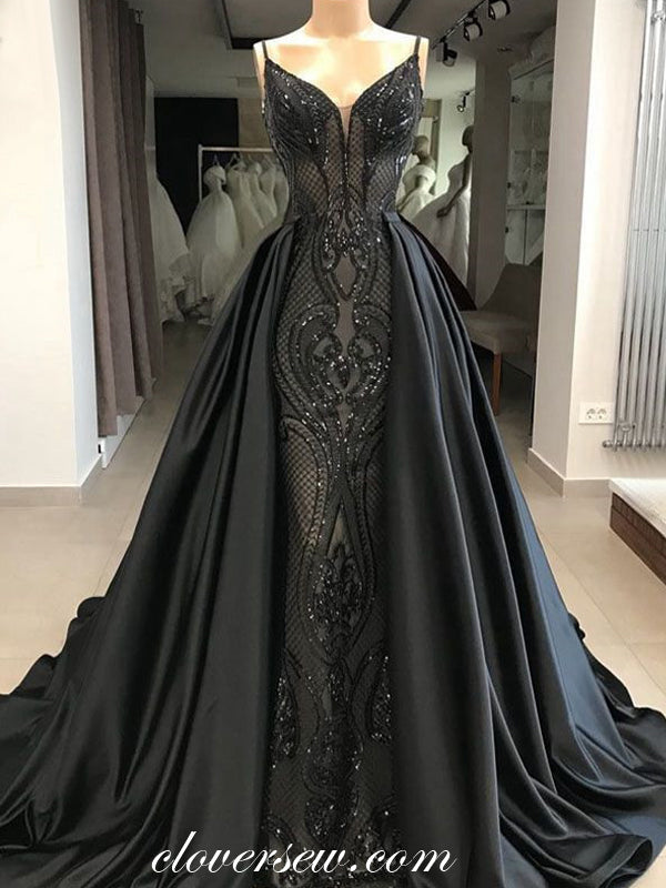 Black Sequined Applique Satin Over-skirt Formal Dresses, CP0658