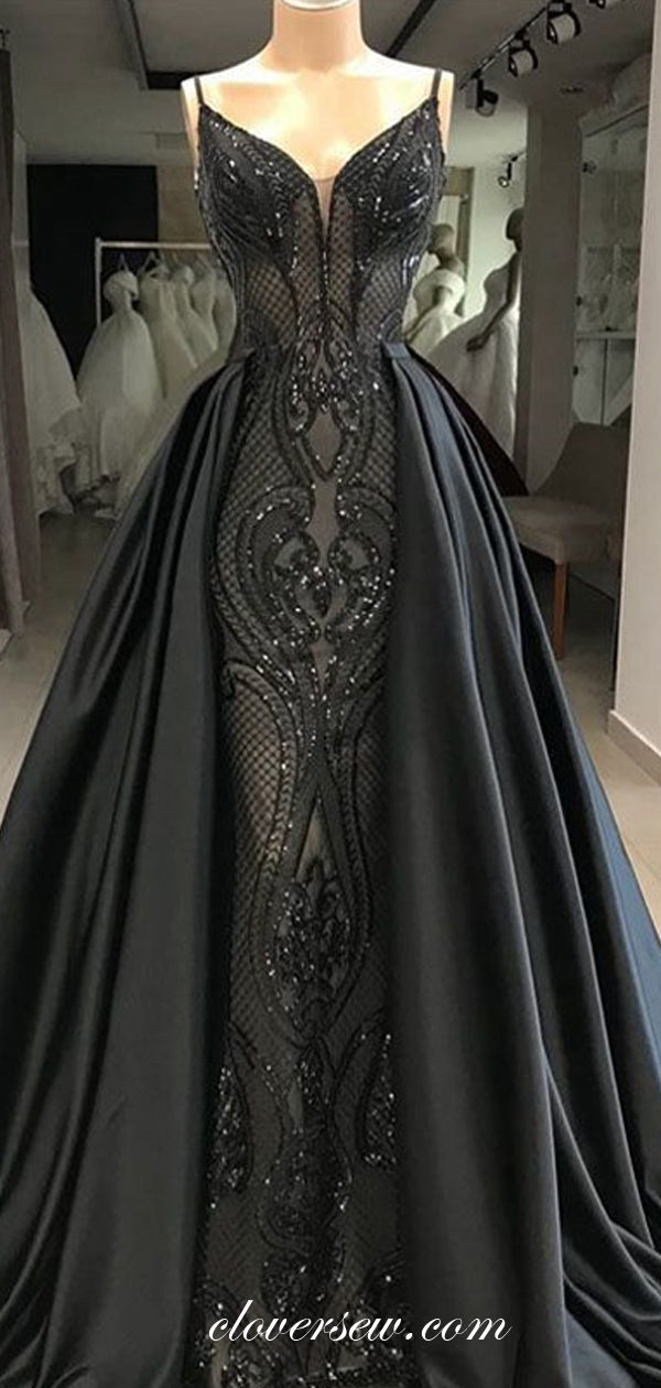 Black Sequined Applique Satin Over-skirt Formal Dresses, CP0658