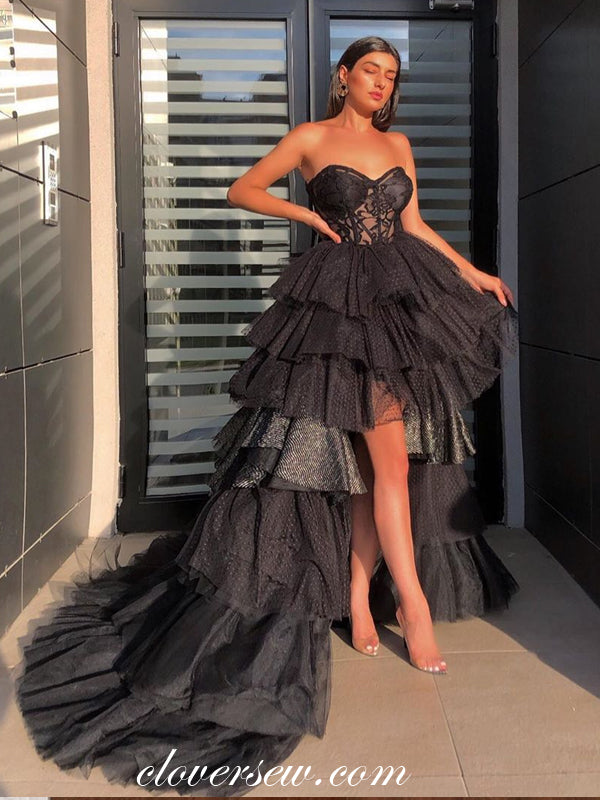 Black Tulle Applique Fashion See Through High Low Tiered Prom Dresses, CP0575