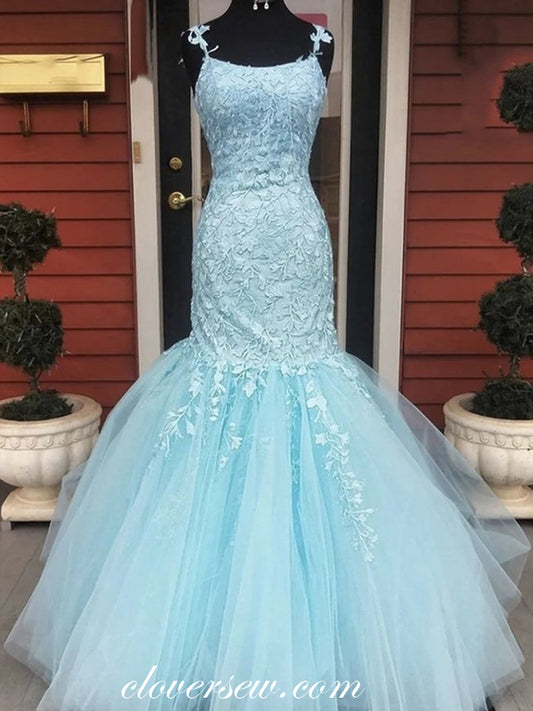 Blue Lace Applique Fashion Mermaid Prom Dresses, CP0582