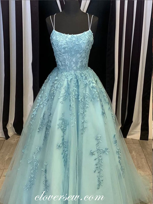 Blue Lace Applique Spaghetti Strap A-line Lace Up Back Prom Dresses, CP0583