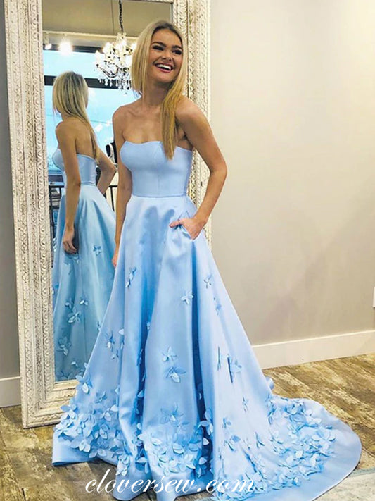 Blue Satin Applique Strapless A-line With Pockets Prom Dresses, CP0546