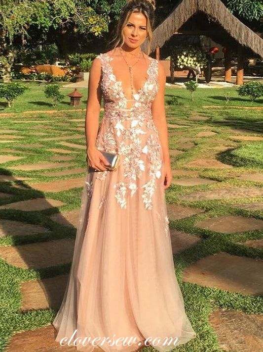 Blush Pink Applique V-neck Sleeveless A-line Prom Dresses, CP0517