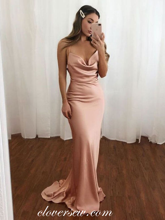 Blush Pink Elastic Satin Spaghetti Strap Sheath Prom Dresses, CP0574