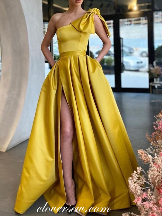 Bowknot One Shoulder Fashion Satin Aline Slit Prom Dresses, CP0743