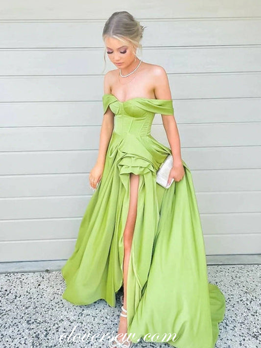 Bright Green Off The Shoulder Ruffles Slit Charming Prom Dresses,CP0860