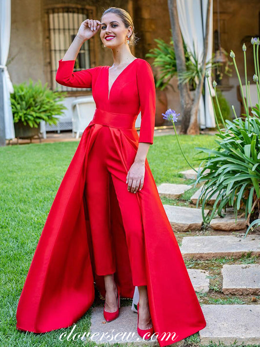 Bright Red Satin Long Sleeves V-back Jumpsuit Prom Dresses, CP0552