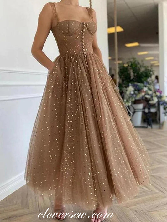 Brown Sequined Tulle Fashion A-line Ankle Length Prom Dresse, CP0725