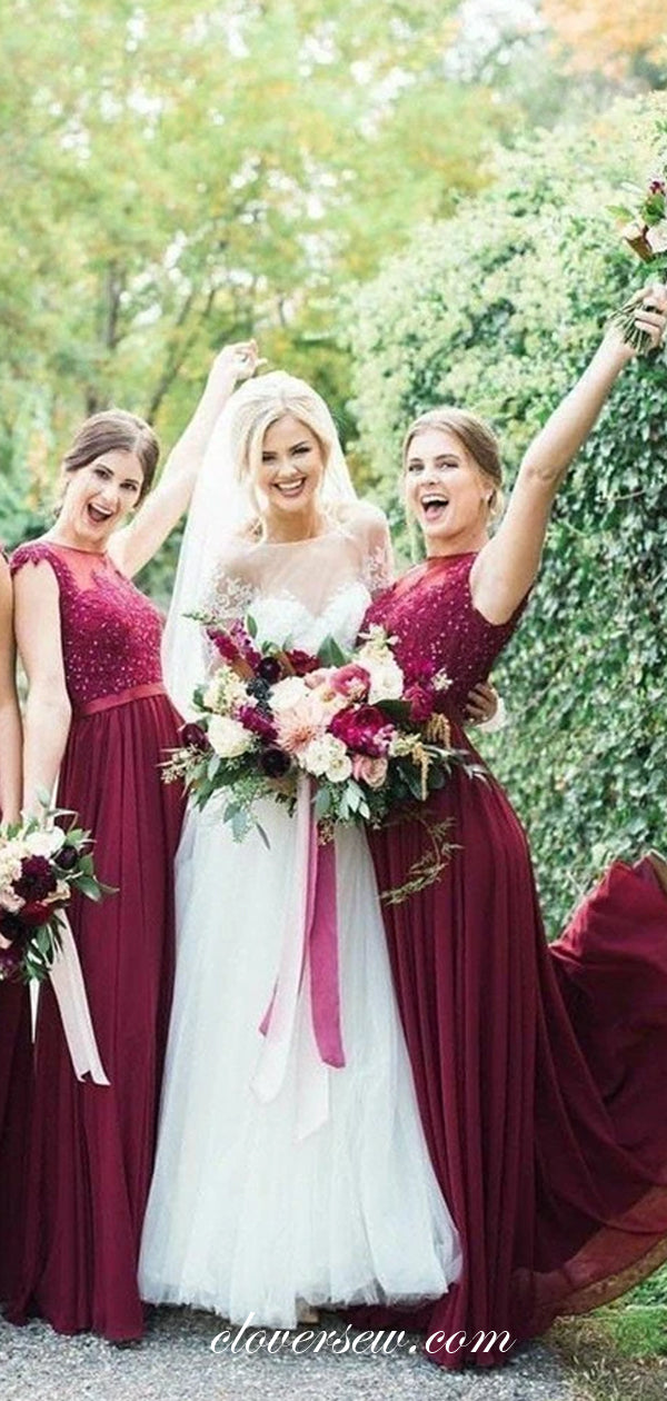 Burgundy Chiffon Bead Applique Cap Sleeves Bridesmaid Dresses, CB0217