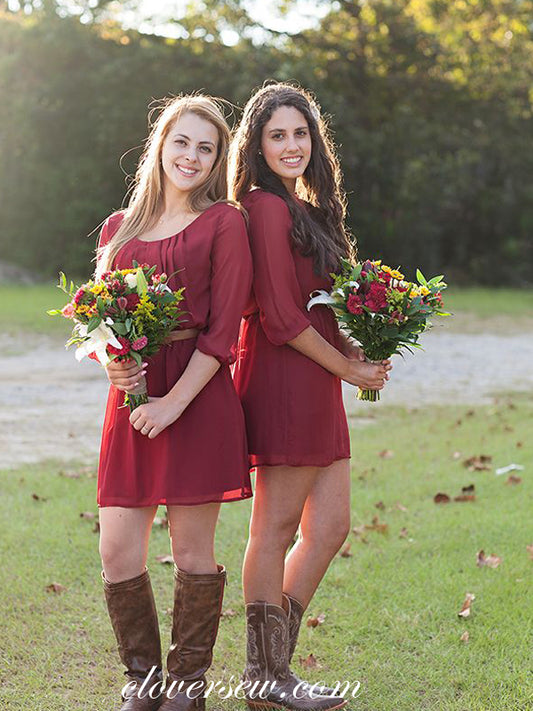 Burgundy Chiffon Half Sleeves Summer Wedding Short Bridesmaid Dresses,CB0160