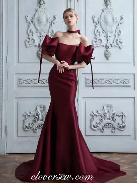 Burgundy Satin Off The Shoulder Mermaid Elegant Formal Dresses, CP0849