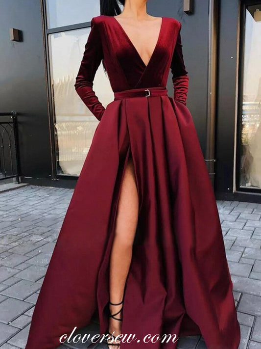 Burgundy Velvet Satin Long Sleeves Side Slit A-line Formal Dresses, CP0619