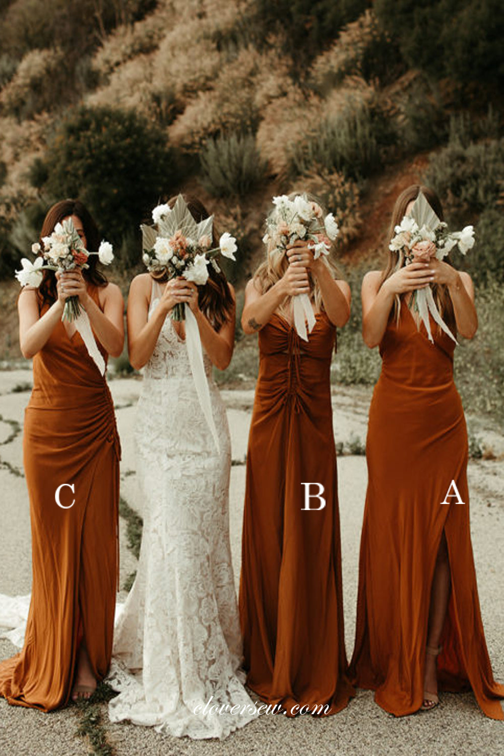 Burnt Orange Chiffon Mismatched Sheath Side Slit Bridesmaid Dresses CB0228 US16 As Pic C