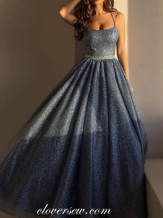 Dark Grey Shiny Sequined Satin Spaghetti Strap Charming Prom Dresses, CP0719