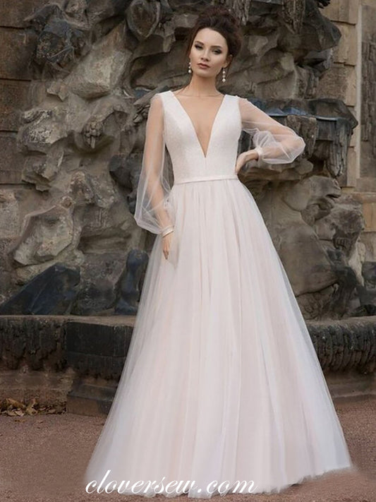 Dark Ivory Tulle Long Puffy Sleeves A-line Wedding Dresses,CW0113