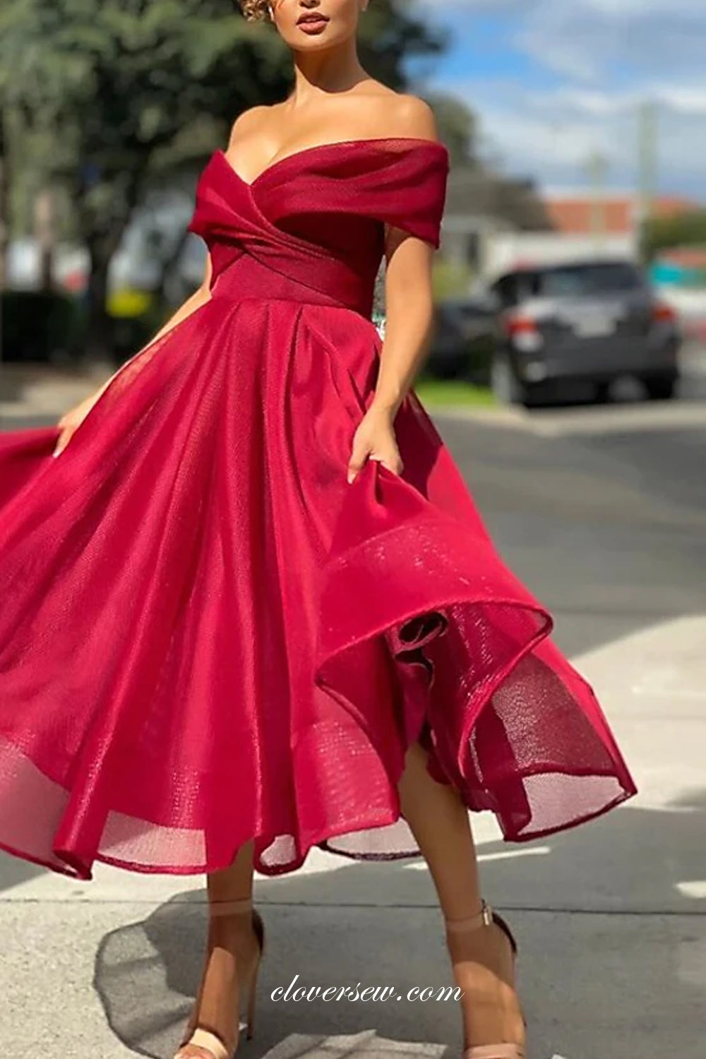 Dark Red Organza Off The Shoulder Elegant Tea Length Prom Dresses