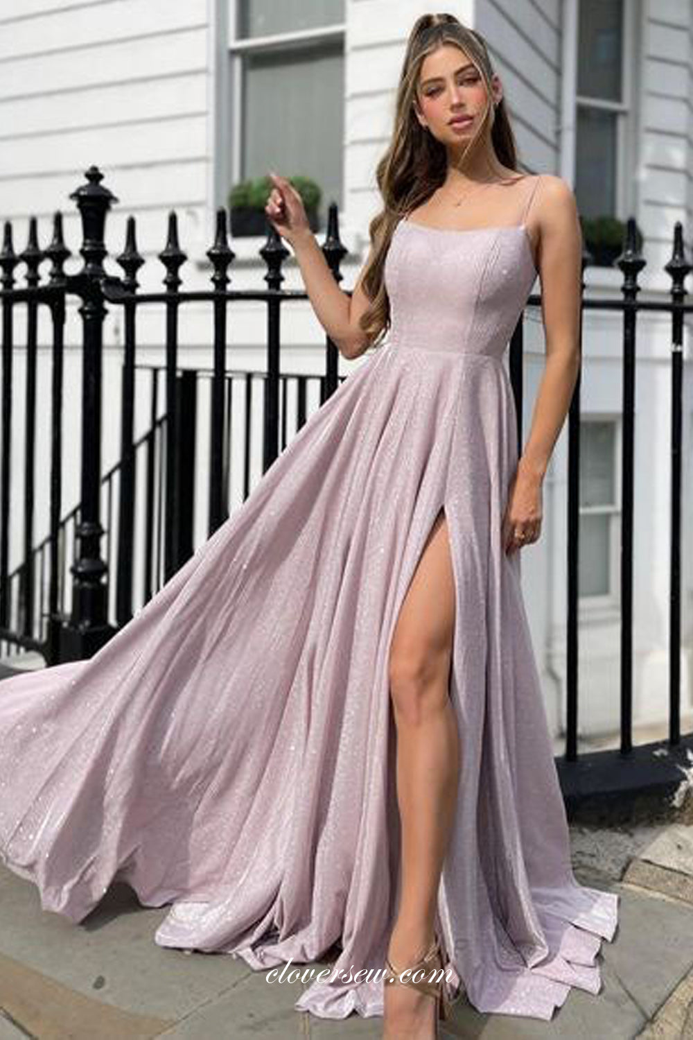 Dusty Purple Shiny Satin Spaghetti Strap Lace Up Back Prom Dresses CP clover sew