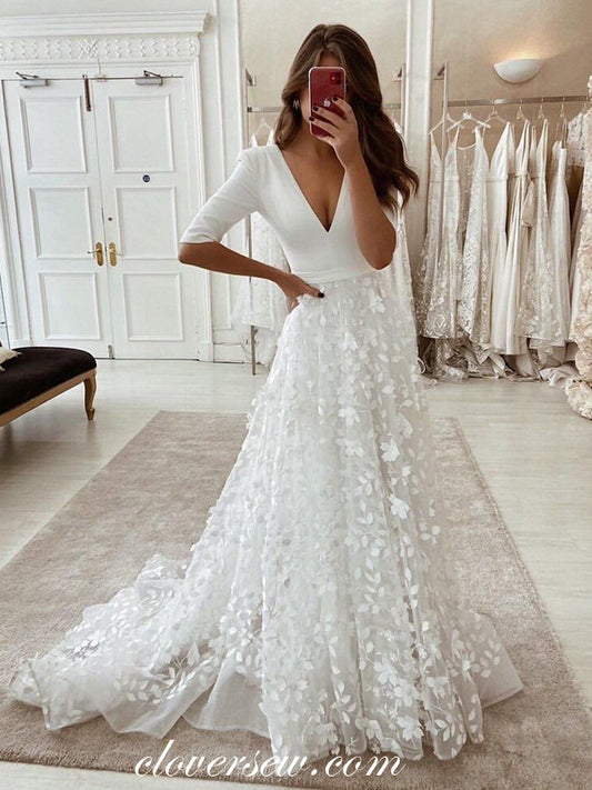 Fashin 3D Lace Half Sleeves A-line Wedding Dresses, CW0183