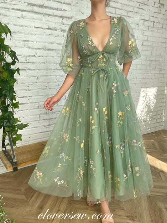 Floral Embroidery Tulle Half Sleeves V-neck Green Ankle Length Party Dresses, CP0733