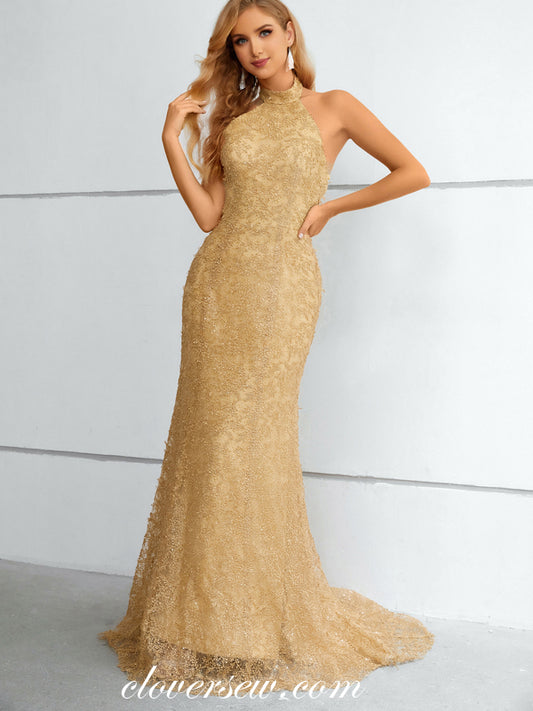 Gold 3D Embroidery Lace Halter Mermaid Elegant Prom Formal Dresses, CP0917