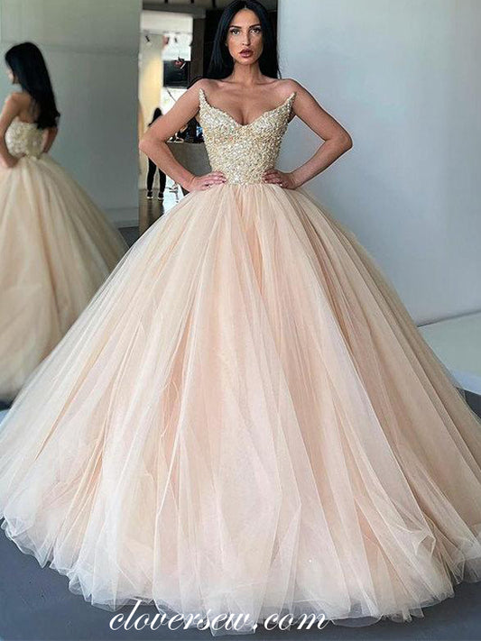 Gorgeous Beaded Strapless Champagne Tulle Ball Gown Princess Dresses, CP0761