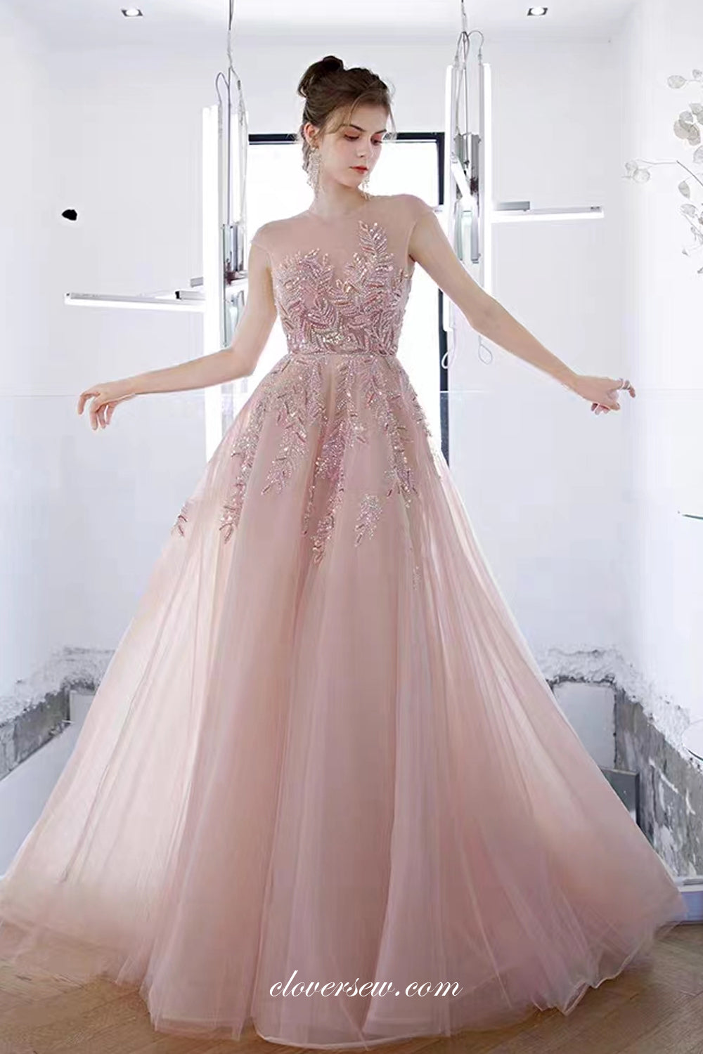 Gorgeous Beading Applique Pink Tulle Cap Sleeves A-line Prom Dresses,CP0975