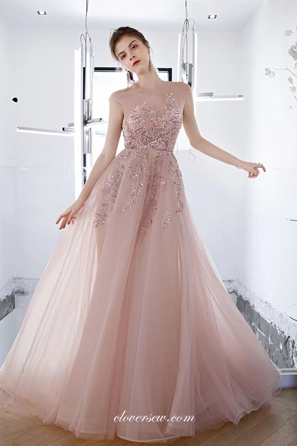 Gorgeous Beading Applique Pink Tulle Cap Sleeves A-line Prom Dresses,CP0975