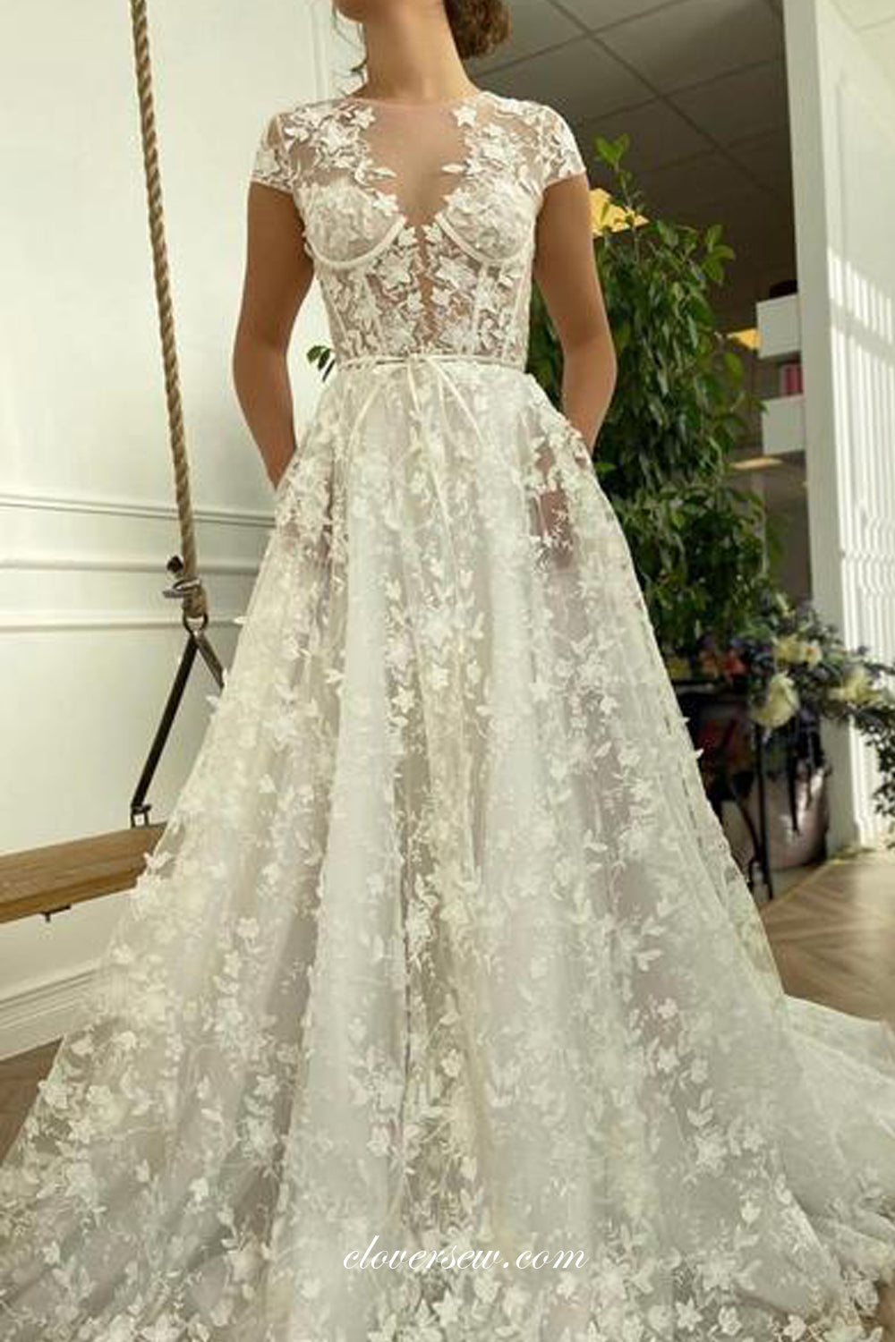 Gorgeous Lace Short Sleeve Illusion Top A-line Wedding Dresses CW0268