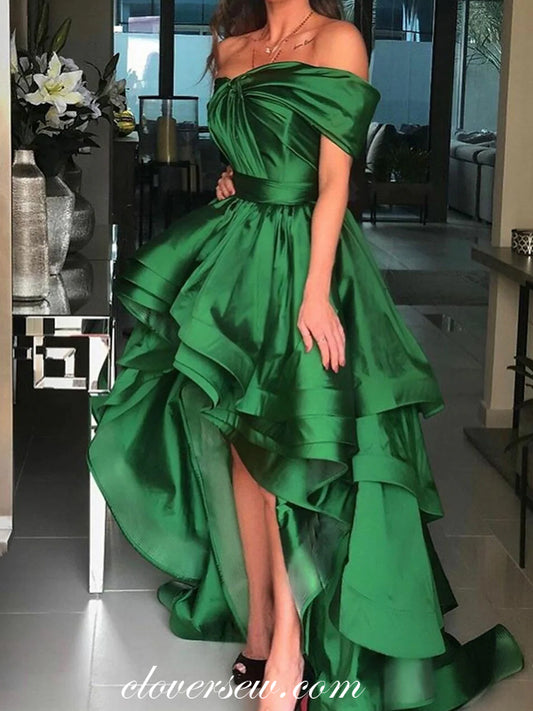 Green Satin High Low Pleating Off The Shoulder Prom Dresses, CP0803