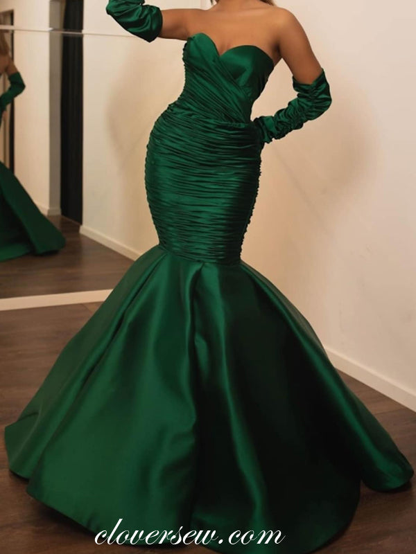 Green Satin Sweet Heart Convertible Sleeves Pleating Mermaid Formal Dresses, CP0807