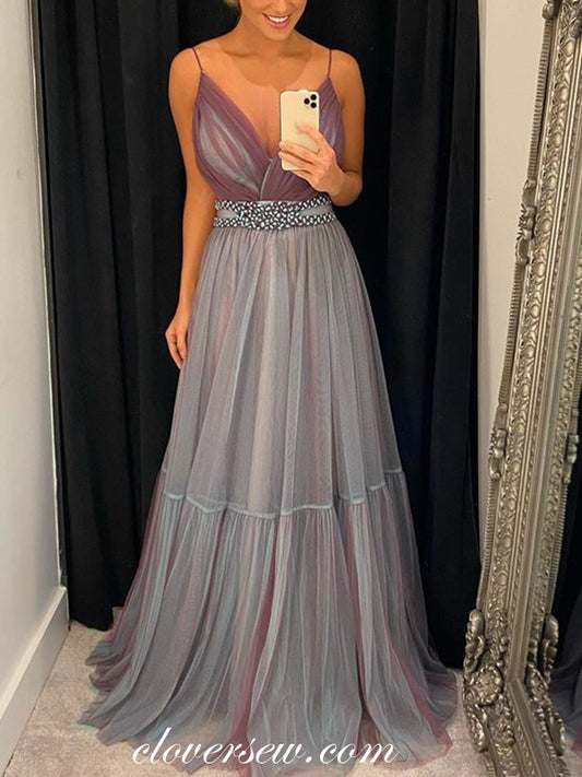 Grey Purple Tulle Spaghetti Strap Charming Prom Dresses, CP0676