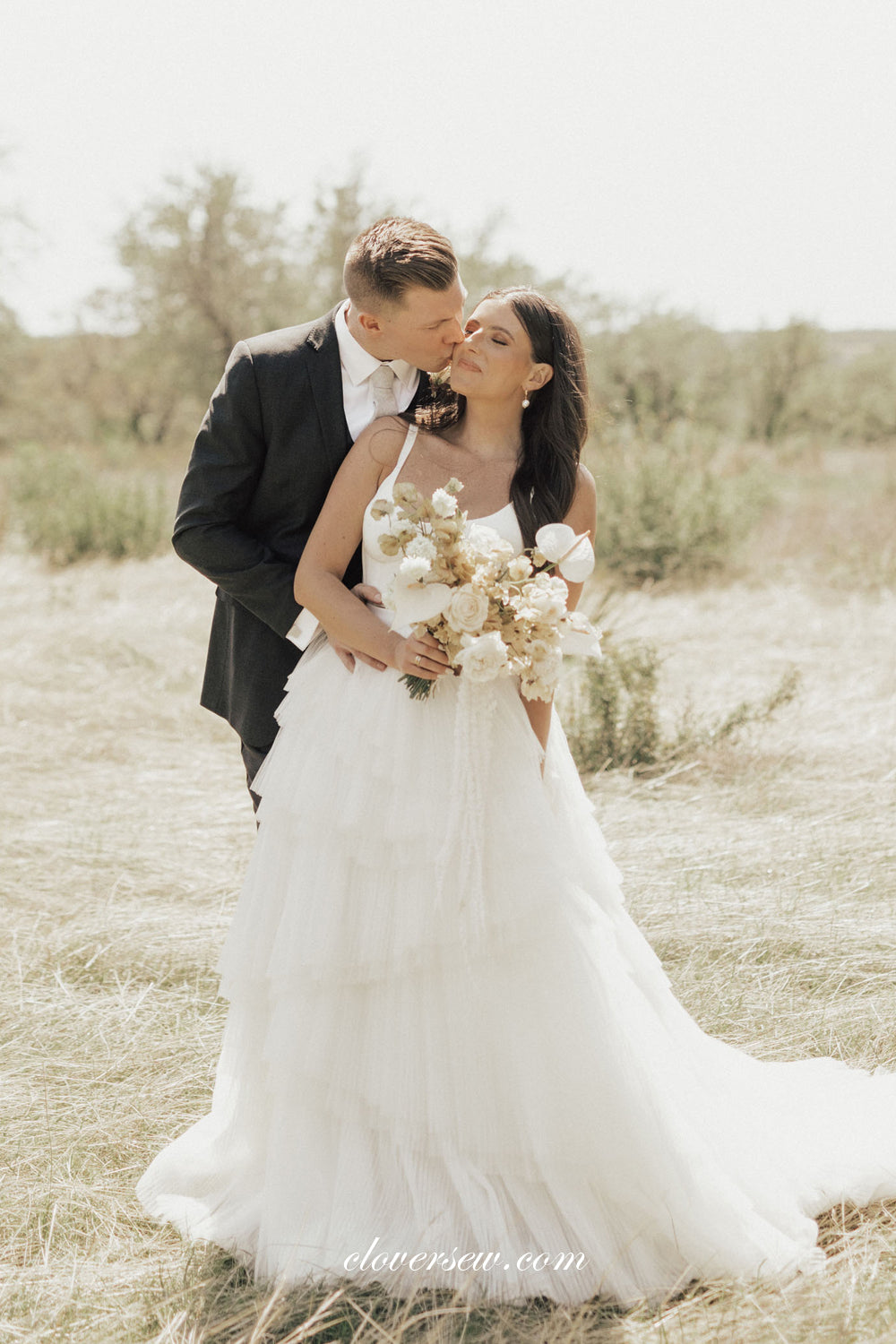 Ivory Pleating Tulle Soft Satin Scoop Neck Puffy Wedding Dresses, CW0283