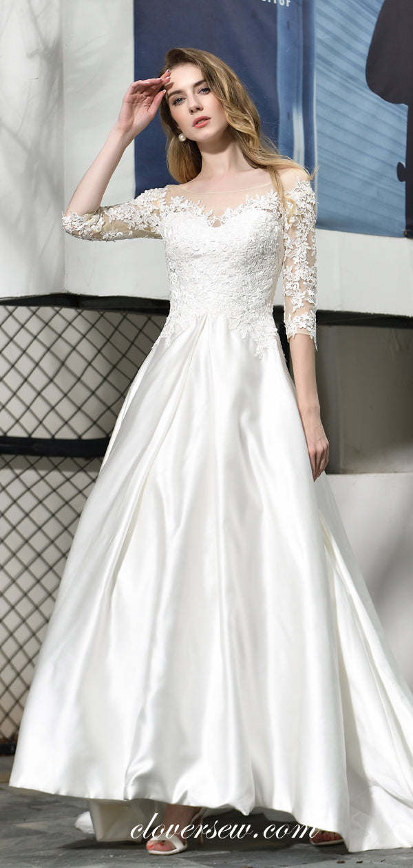 Lace Top Off The Shoulder Satin A-line Half Sleeves Wedding