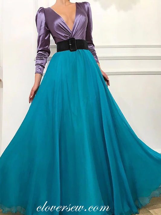 Lavender And Ice Blue Chiffon Long Sleeves V-neck Formal Dresses, CP0730