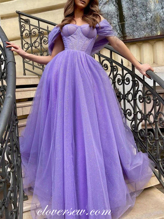 Lavender Glitter Tulle Off The Shoulder A-line Popular Prom Dresses, CP0874