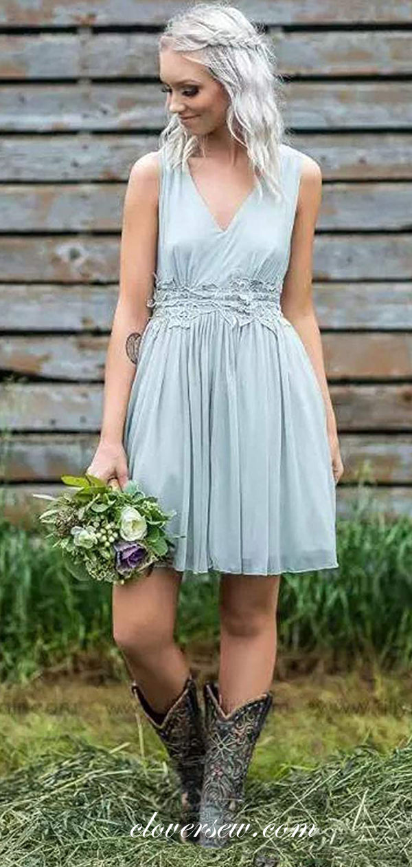 Light Blue Chiffon V neck Applique Short Bridesmaid Dresses CB0142