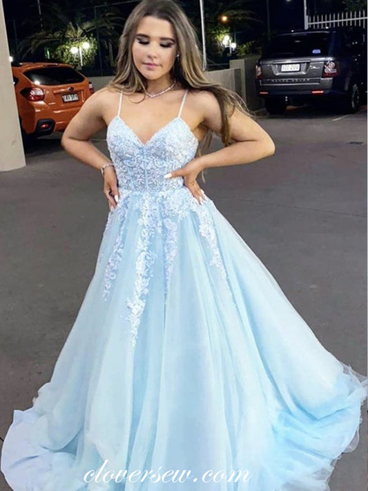 Light Blue Tulle Lace Applique V-neck Spagehtti Strap A-line Prom Dresses, CP0888